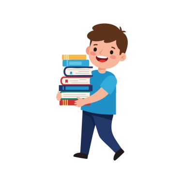 Mutlu bir çocuk elinde renkli kitaplarla gezer, öğrenmeyi ve eğitimi temsil eder, neşeli ve neşeli bir ruh hali içinde..