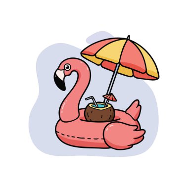 Resimlerde pembe bir flamingo havuzu görünüyor. Elinde hindistan cevizi içeceği ve sarı kırmızı bir şemsiye var. Rahat bir yaz havası yaratıyor..