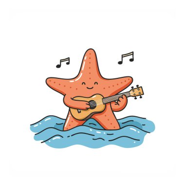 Deniz yıldızı karakteri mavi okyanus dalgalarında süzülürken etrafta notalar eşliğinde gitar çalıyor, neşeli ve neşeli bir ruh hali yaratıyor..