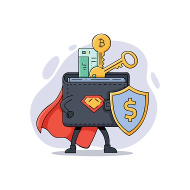 Resimlerde şifreli para cüzdanı ve elinde bitcoin anahtarı ve kalkanı olan bir süper kahraman görülüyor. Güvenli dijital finansmanı simgeliyor. Enerjik ruh hali.