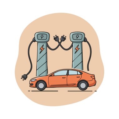 İllüstrasyon, çevre dostu ulaşım kavramını temsil eden iki şarj istasyonuna bağlı turuncu bir elektrikli araba gösteriyor. Sakin ol..