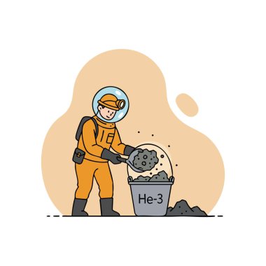 İllüstrasyon, turuncu bir uzay elbisesi içindeki bir madencinin bej arka planı, bilimsel ve fütüristik ruh hali olan bir kovaya helyum 3 minerali koyduğunu gösteriyor..