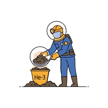 Mavi uzay giysisi içindeki astronot, dikkatli duruş, bilimsel ve sakin ruh hali ve He-3 etiketli konteynır içinde helyum 3 toprak örneği topluyor..