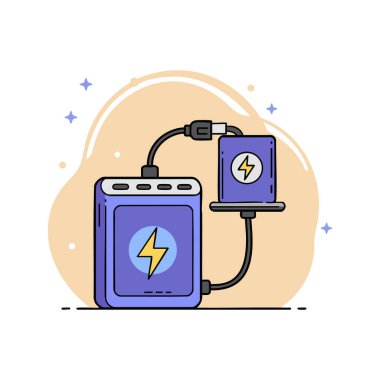 Kablolara bağlı akıllı bir telefonu şarj eden taşınabilir bir güç bankasının, temiz ve modern bir şekilde yıldırım simgelerinin yer aldığı vektör çizimi. Enerjik ruh hali.