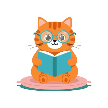 Gözlük takan turuncu kedi, huzurlu ve büyüleyici bir sahnede pembe bir yastığın üzerinde otururken mavi bir kitap okur. Neşeli ruh hali.