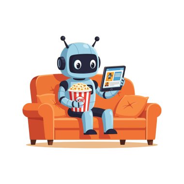 Robot turuncu bir koltukta oturup patlamış mısır ve tabletli bir filmin tadını çıkarıyor ve rahat bir atmosfer yaratıyor. Neşeli ruh hali.