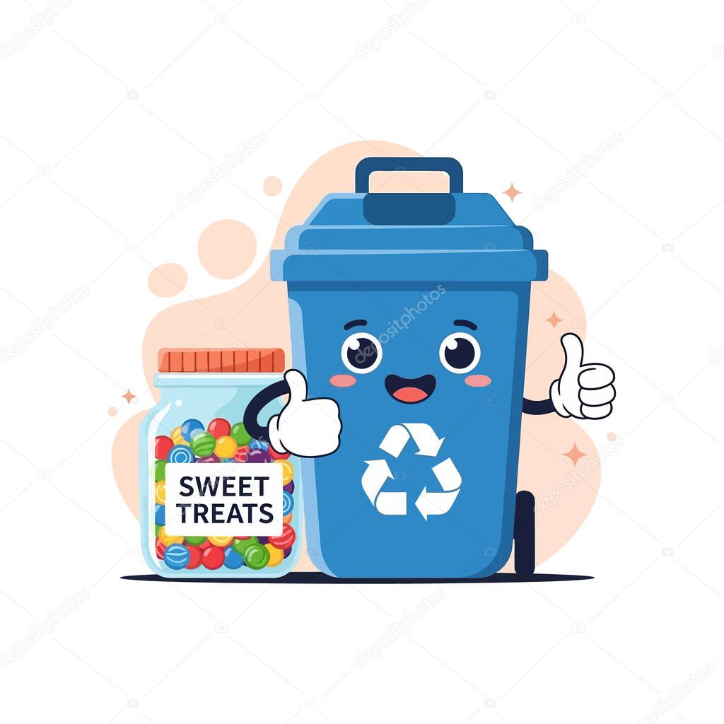 Vector illustration shows a smiling recycling bin with a jar of sweets giving thumbs up, promoting recycling and fun interaction. Cheerful mood.