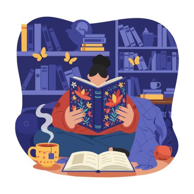 İllüzyon, kitap rafları, dumanı tüten bir bardak ve kelebeklerle çevrili renkli bir kitap okuyan bir kişinin huzurlu ve rahat bir ortam yarattığını gösteriyor..