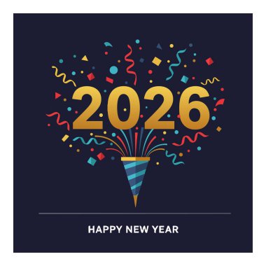 Vektör illüstrasyonu, renkli konfetiyle parti popper 'ından fışkıran altın 2026 sayısının neşeli ve şen bir hava yarattığını gösteriyor..