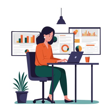 Bilgisayarda, ekranlardaki veri tablolarıyla çevrili bir kadın ve modern ofis ortamındaki bir bitki, odaklanmış bir atmosfer yaratıyor..