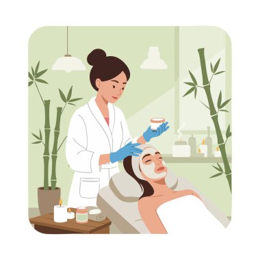 Bir kadın güzellik uzmanının bambu bitkileri ve yumuşak ışıklandırmayla rahatlatıcı bir odada yüz maskesi takması gibi bir spa sandalyesinde dinleniyor. Huzurlu ruh hali.
