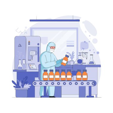 Koruyucu kıyafetli bilim adamı, parlak bir laboratuvar ortamında turuncu ilaç şişelerini inceliyor. Hassasiyet ve bakım gösteriyor. Sakin ol..