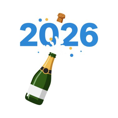 Resim, şampanya şişesinin mavi 2026 civarında konfetiyle patladığını gösteriyor. Yeni yılı şenlikli bir şekilde kutluyoruz..