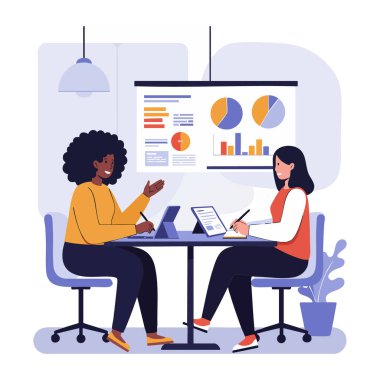 İllüzyon, iki kadının bir ofis toplantısı sırasında iş verilerini çizelgelerle tartıştıklarını, ortak ve profesyonel bir ruh hali yarattıklarını gösteriyor..