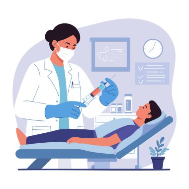 Maske takan ve eldiven giyen sağlık uzmanı, klinik ortamda tıbbi yatakta yatan hasta için enjeksiyon hazırlıyor, sakin atmosfer.