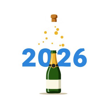 Şampanya şişesinin baloncuklu mantar patlaması ve 2026 numara, kutlama ve şenliği sembolize ediyor, neşeli ruh hali..