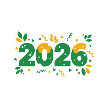2026 yılının, yeşil ve turuncu renklerde, dekoratif yapraklar ve konfeti elementleriyle canlandırılması şenlikli ve canlı bir hava yaratıyor..