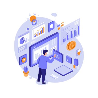 İnsan, modern çalışma ortamında finansal grafikleri, grafikleri ve simgeleri gösteren dijital bir gösterge paneliyle etkileşime girer ve odaklanmış bir ortam yaratır..