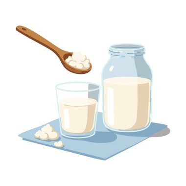 İllüstrasyonda kavanozda probiyotik kefir sütü, bardak ve bez üzerinde ahşap kaşık görülüyor. Sağlıklı mayalanmış süt ürünleri ön plana çıkıyor. Sakin ol..