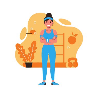 Resim, spor salonunda kolları çapraz duran, mavi spor elbiseli, fit bir kadını gösteriyor. Enerjik ve motive bir ruh hali..