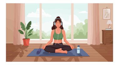 Kadın, yoga minderinin üzerinde bağdaş kurarak yeşil bitkilerle ve büyük pencerelerden gelen güneş ışığıyla meditasyon yaparak sakin bir atmosfer yaratıyor..