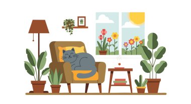 Resimlerde rahat bir koltukta dinlenen gri bir kedi görülüyor. Etrafı çeşitli saksı bitkileriyle çevrili. Pencereden parlak güneş ışığı geçiyor..