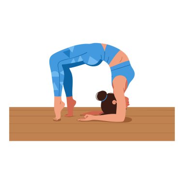 Çizimlere göre, bir kadın ahşap bir yüzey üzerinde ileri derecede yoga yapıyor. Mavi bir giysi ve topuz saç stili, sakin bir ruh hali..
