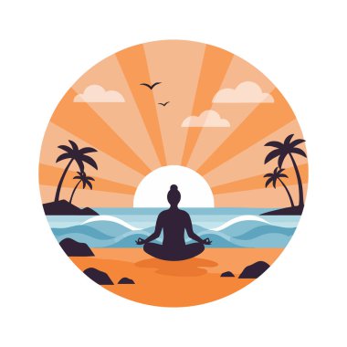 Siluet, gün batımında sahilde palmiye ağaçları, dalgalar ve kuşlarla meditasyon yaparak huzurlu ve rahatlatıcı bir atmosfer yaratıyor. Huzurlu ruh hali.