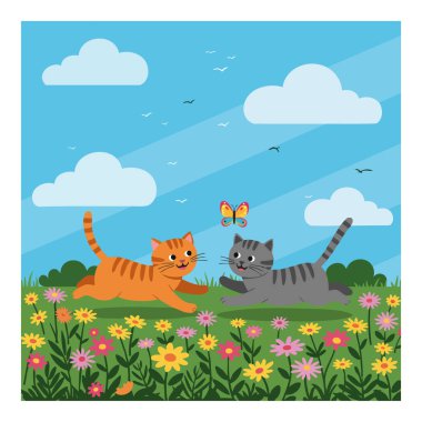 İki kedi neşeli bir şekilde bulutlar ve kuşlarla dolu açık mavi gökyüzünün altında canlı bir çiçek tarlasında bir kelebeği kovalıyor, neşeli bir sahne yaratıyor..