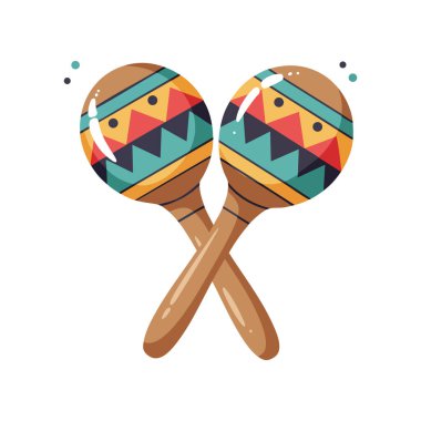 Bu vektör, canlı bir şekilde festival müziği ve kültürü sembolize eden etnik desenlere sahip renkli ahşap marakas çifti gösteriyor. Neşeli..