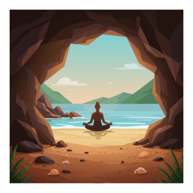 Bir insan kumlu bir sahilde, kayalık bir mağaranın içinde, açık mavi gökyüzünün altında yeşil dağlara bakan, huzurlu bir ruh hali içinde meditasyon yapar..