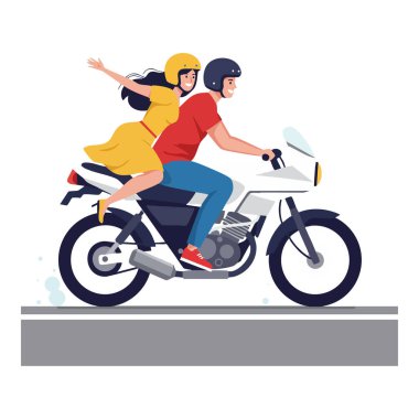 Erkek ve kadın, yolda kask takarak beyaz bir motosiklete biniyorlar, canlı bir sahnede keyif ve özgürlük gösteriyorlar. Neşeli ruh hali.