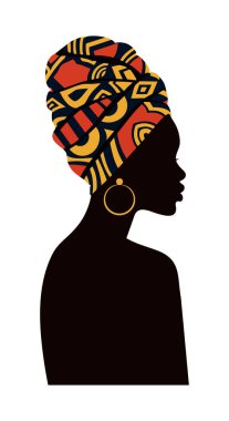 Profil görünümünde canlı desenli başörtüsü ve halka küpeler takan Afrikalı bir kadının silueti. Görüntü zarif ve kültürel..