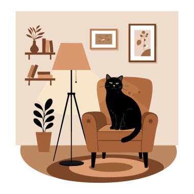 Bir siyah kedi, rahat bir oturma odasında, bir lamba, çerçeveli sanat ve sıcak bir atmosfer yaratan bitkilerle birlikte, sakin bir şekilde kahverengi bir koltuğa oturur. Sakin ol..