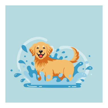 İllüzyon, neşeli ve neşeli bir havayla mavi arka planda su sıçratan mutlu bir golden retriever köpeğini gösteriyor..