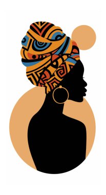 Renkli desenli bir başlık ve halka küpeler takan zarif ve şık bir Afrikalı kadın siluetinin vektör çizimi.