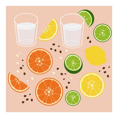 Vektör illüstrasyonunda limon, ıhlamur ve portakal dilimleri ve şeftali arka planında iki bardak su görünüyor..