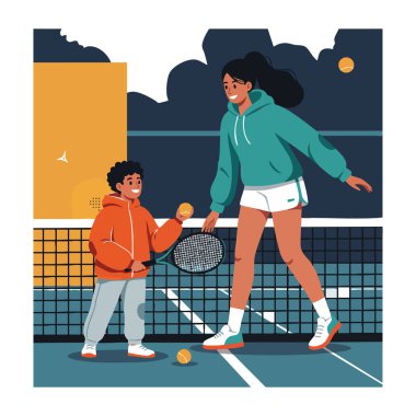 Kadın ve çocuk kortta tenis oynuyorlar, raket ve tenis toplarını tutuyorlar, aktif ve neşeli bir anı paylaşıyorlar. Neşeli ruh hali.