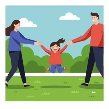 Resimler, mutlu bir ailenin mavi gökyüzü ve bulutların altındaki parkta mutlu çocuklarını sallayarak neşeli bir ruh hali yarattığını gösteriyor..