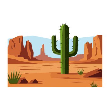 Vektör illüstrasyonu, kırmızı kaya oluşumları ve açık mavi gökyüzü ile kuru bir çölde uzun yeşil bir saguaro kaktüsü gösteriyor, sakin ve kurak bir ruh hali çağrıştırıyor..