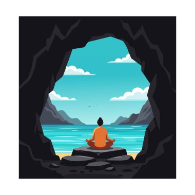 Okyanus kıyısındaki kayalar üzerinde derin derin meditasyon yapan, açık mavi gökyüzünün altında karanlık bir mağara girişi tarafından çerçevelenmiş bir insan, sakinliği çağrıştırıyor..