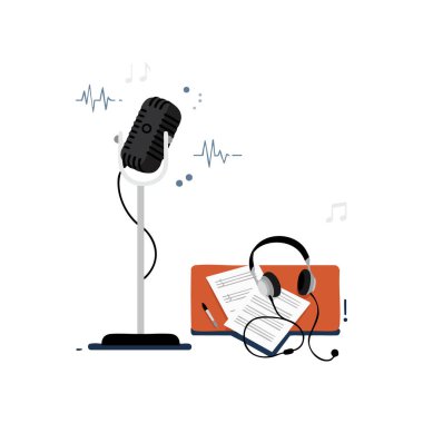 Bu vektör basit ve modern müzik notaları ve ince ses dalgaları ile podcast kaydı için klasik bir mikrofon, kulaklık ve notalar gösteriyor. Sakin.