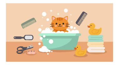 Kedi, bakım aletleri ve pastel renkli banyo ortamında lastik ördekler ile çevrili köpük banyosundan hoşlanır. Neşeli ve rahat bir ruh hali..