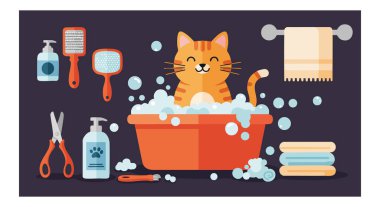 Vektör, banyo köpüğü içinde turuncu bir kedi gösteriyor. Etrafı havlularla çevrili, rahat ve neşeli bir ortam..