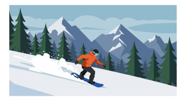 Turuncu ceketli snowboardcu, çam ağaçlarıyla çevrili karlı bir dağ yamacında ve açık mavi gökyüzünün altında, dinamik ve maceraperest bir ruh halinde, uzak tepelerde geziniyor..