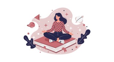Kadın büyük bir kitap üzerinde bağdaş kurarak oturuyor. Etrafı çaydanlık, uydu anteni ve bitkilerle çevrili. Sakin ve huzurlu bir ortamda. Rahatlamış ruh hali.