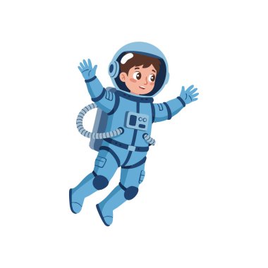 Çocuk astronot, mavi bir uzay elbisesi ve eldiven giyerek uzayda süzülür. Neşeli ve maceraperest bir ruh hali içindedir..