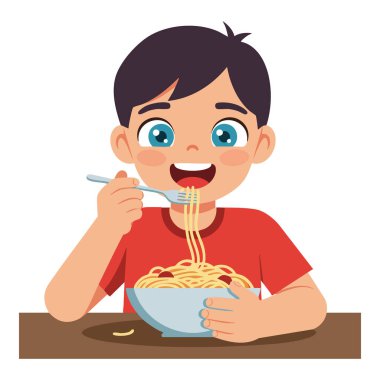 Mavi gözlü neşeli bir çocuk çatal kullanarak spagetti yiyor. Parlak bir ortamda keyif ve keyif veriyor..