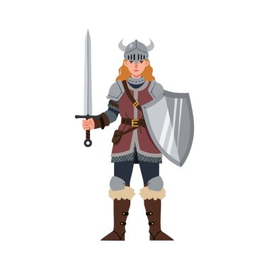 Dişi Viking savaşçısı, ortaçağ zırhı ve kürk çizmeleri giymiş, kendine güvenen bir kılıç ve kalkan tutuyor, dayanıklılık ve cesaret yansıtıyor..