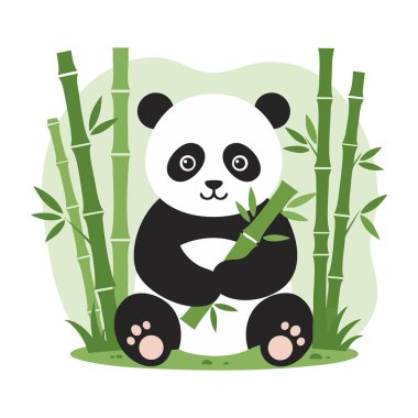 Vektör illüstrasyonunda panda oturuyor ve yeşil bitkilerle çevrili bambu saplarını tutuyor. Sevimli ruh hali..